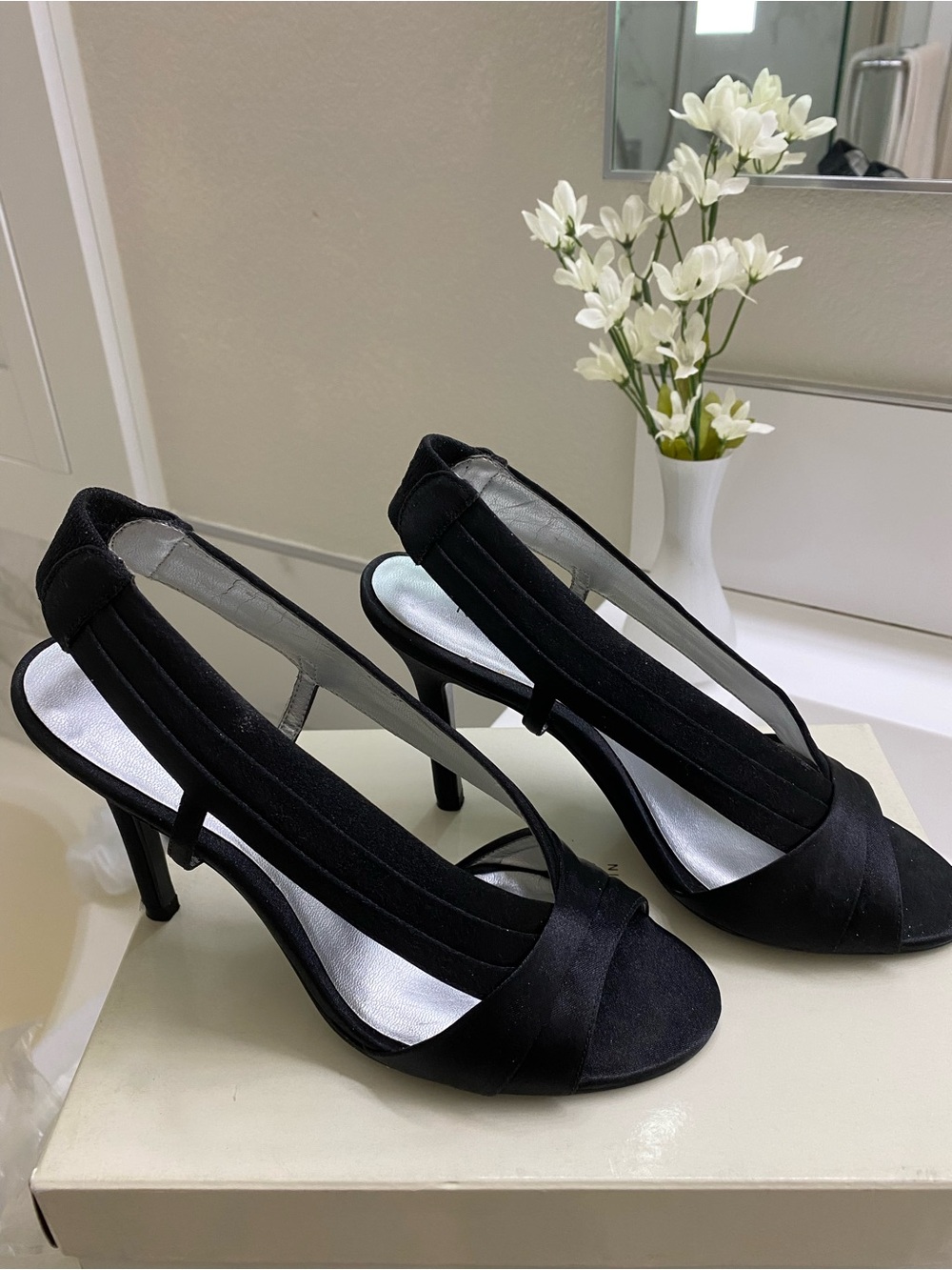Nine West Black Slingback Satin Peep-Toe Heels